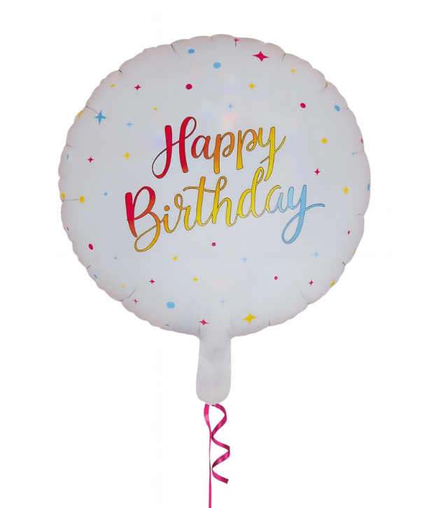 בלון HAPPY BIRTHDAY לבן עם כיתוב צבעוני